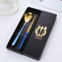 藍-金【推薦】-禮盒2件組【湯匙筷子】