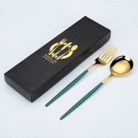 綠金不鏽鋼勺叉2件禮盒餐具組